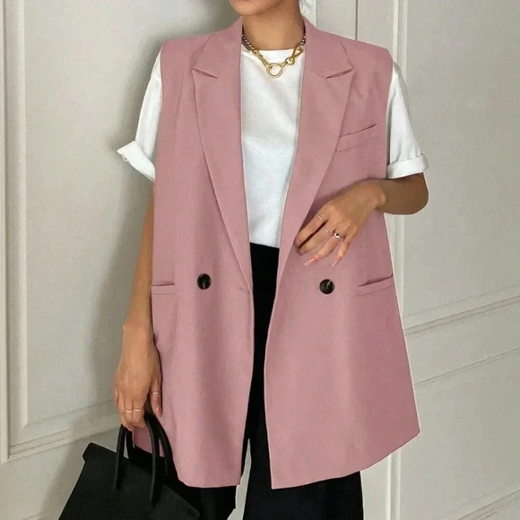 Jackets & Blazers - Pink Casual Women's Suit Collar Sleeveless Double-Breasted Vest